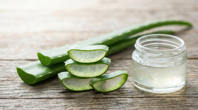 Aloe leaf gel skincare cosmetic organic natural herb slice jar soothing aloe leaf gel skincare cosmetic organic natural herb slice jar on wooden table for beauty treatment concept