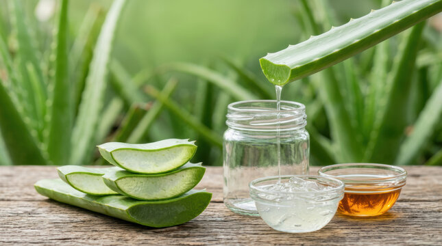 Aloe leaf gel juice jar glass wood bowl honey plant natural fresh organic skincare cosmetic herbal health ingredient tropical green slice liquid spa remedy healing