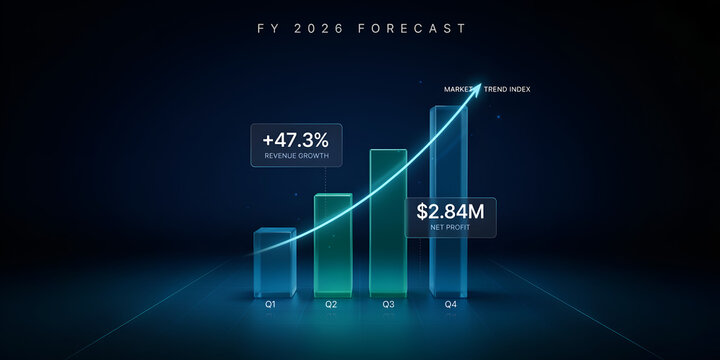 Financial Bar Chart Growth During FY 2026 Forecast with Revenue Upward Trend and Net Profit