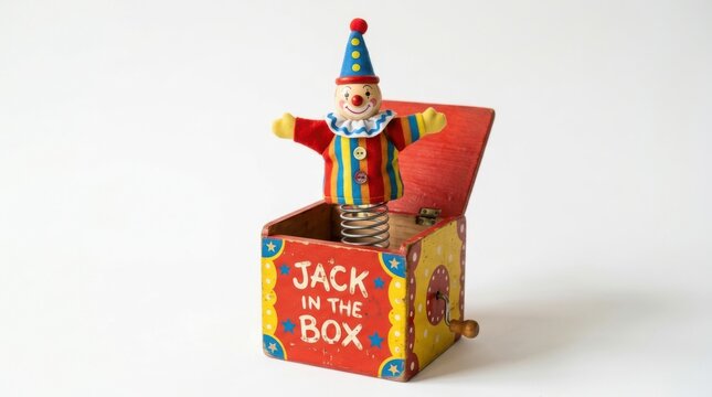 Classic vintage jack in the box toy with a colorful clown popping out of a wooden square box on a white background isolated on white background
