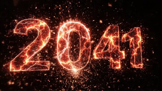 Futuristic 2041 year number glowing with electric fire and lightning energy on a dark background.