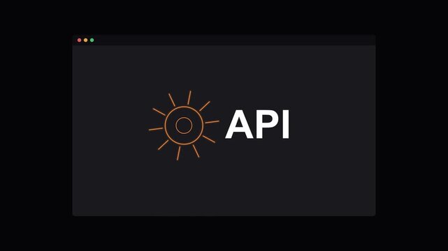 API application programming interface text with a rotating neon gear on a dark screen, orange neon