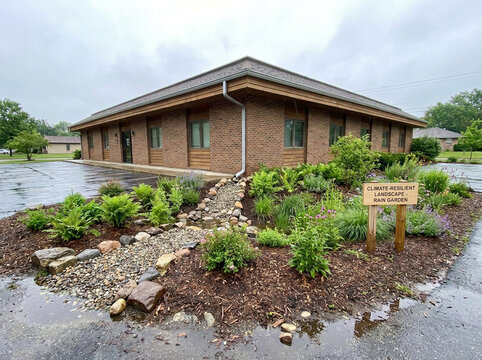 Rain garden managing stormwater beside commercial building