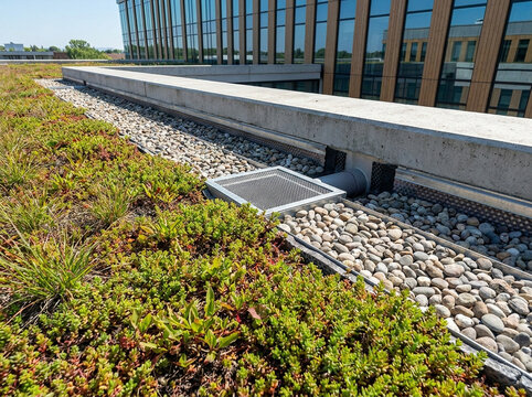 Green roof drainage channel with vegetation and gravel