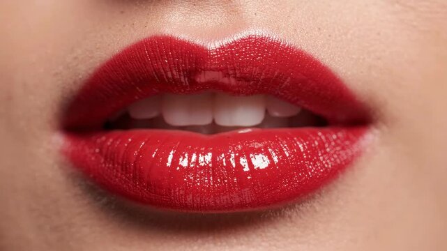Extreme close up of female lips wearing vibrant red shiny lipstick and showing white teeth.
