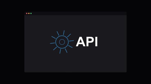 API application programming interface text with a rotating neon gear on a dark screen, blue neon