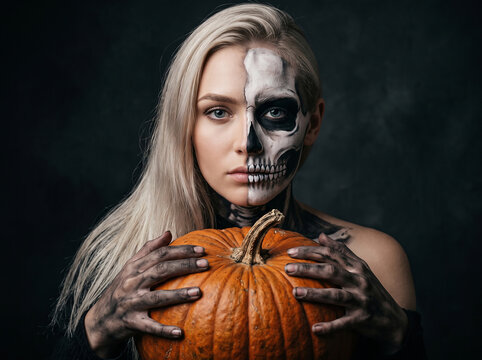 Beautiful blonde woman with half face skull makeup holding a large orange pumpkin for halloween celebration on dark studio background portrait capture