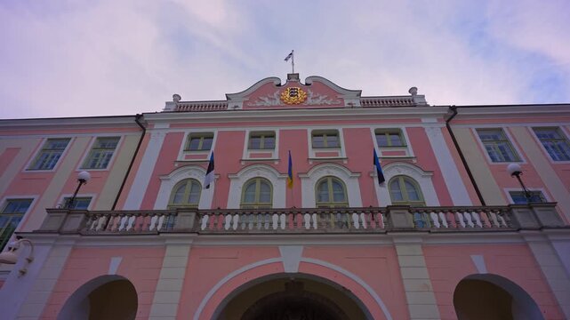 Estonian Parliament building Riigikogu pink facade in Tallinn Old Town.