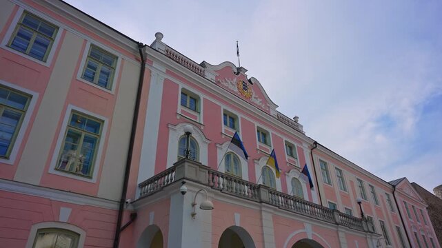Estonian Parliament building Riigikogu pink facade in Tallinn Old Town.