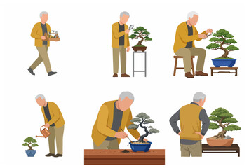 Fototapeta premium Senior Man Caring for Bonsai Tree Set. Flat vector illustration of elderly gardener pruning, watering, and tending to miniature plants as a retirement hobby.