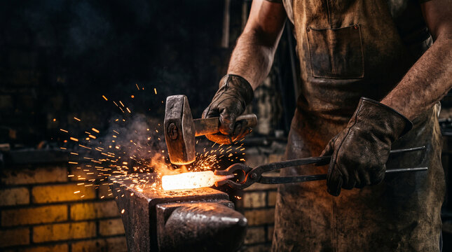 Blacksmith forging hot metal on an anvil in a workshop a craftsman in a leather apron hits a glowing piece of iron with a hammer, sparks flying