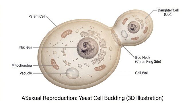 Educational 3d illustration of yeast cell budding showing asexual reproduction with labeled parts on white background isolated on white background