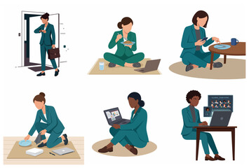 Fototapeta premium Businesswoman Daily Routine Vector Set: Professional Woman Working, Eating, and Managing Time Illustrations for Work-Life Balance Concept