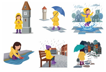 Obraz premium Set of illustrations featuring a little girl in a yellow raincoat enjoying various activities during a rainy day, including jumping in puddles and playing with a paper boat.
