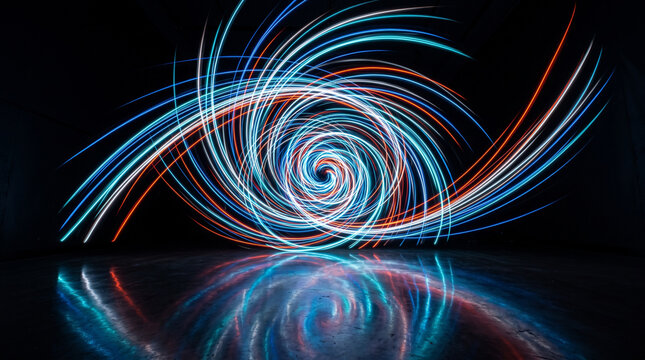 Abstract light painting in the shape of an eye with swirling blue, white, and orange neon light trails reflected on a dark glossy surface