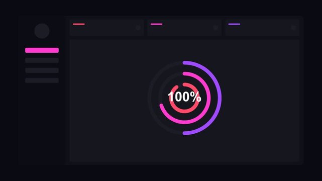 dark mode dashboard with concentric neon radial progress rings, neon red neon