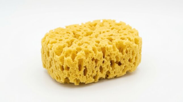 A single yellow porous sponge used for cleaning and washing dishes or surfaces isolated on a clean white background isolated on white background