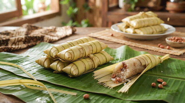 Traditional Indonesian Lepet Glutinous Rice Cake Wrapped in Coconut Leaf Served on Fresh Banana Leaf
