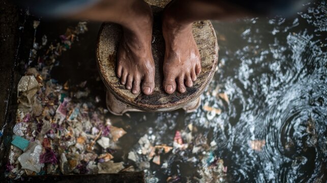 Feet standing on stool in polluted water