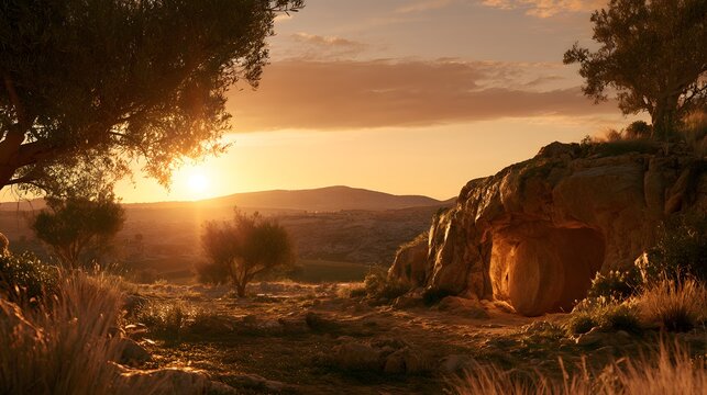 Sunrise over an ancient stone tomb with a large circular rock at the entrance in a desert landscape