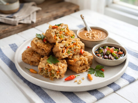 Crispy Indonesian Tahu Isi Stuffed Tofu with Vegetables Served with Peanut Sauce and Sweet Soy Chili Dip on White Plate