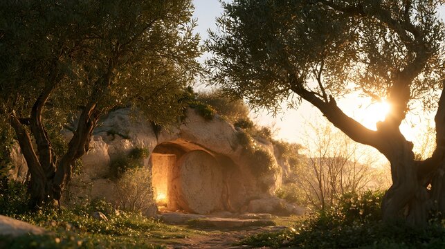 Ancient tomb entrance with a large stone rolled aside at sunset