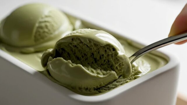 Close up of a spoon scooping creamy green tea matcha ice cream from a white container.