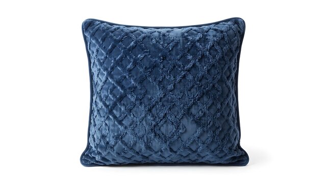 A square dark blue velvet throw pillow with a decorative quilted lattice pattern isolated on a white background, for home decor