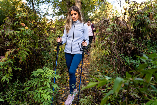 Women nordic walking in nature, exercising outdoors and enjoying friendship