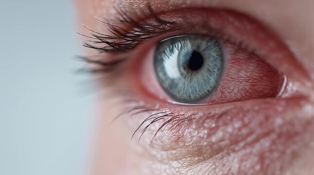 Extreme close-up of a human eye blinking and moving, showing detailed blue iris, eyelashes and reflections. Concept of vision, eye care, ophthalmology and human anatomy.