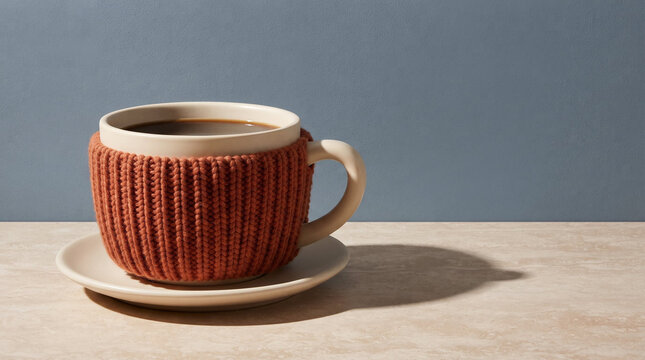 Ceramic mug of hot coffee with orange knit cup cozy on beige table against blue background with copy space