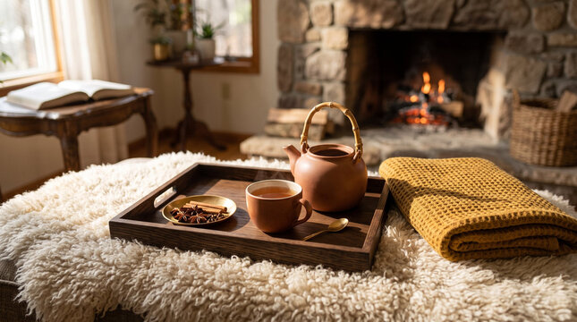 Ceramic teapot and teacup on wooden tray with folded mustard blanket in warm golden tones against stone fireplace backdrop