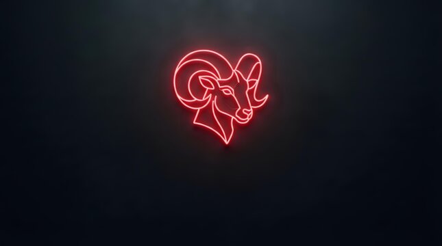 Glowing red neon ram head symbol on dark background, suitable for signage, branding, gaming, and modern interior design projects.