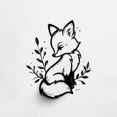 Naklejka premium A hand-drawn fox sits among leaf scribbles, creating a charming and minimal design with a simple outline and cute features.