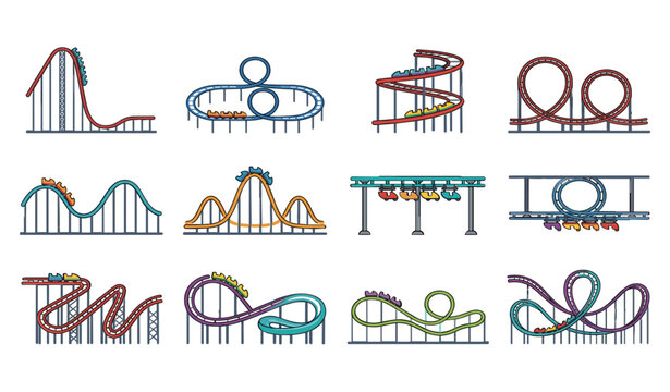  Amusement park roller coaster vector set featuring colorful tracks loops steep drops and train carts for carnival theme park entertainment graphic designs