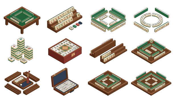 Isometric traditional mahjong board game vector set featuring gaming tables ivory tiles setups wooden racks and carrying cases for Asian gambling recreation designs
