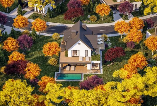 3d rendering of contemporary architectural luxury house exterior. Modern Scandinavian style family home with a white plaster walls, beautiful garden. Clear sunny autumn day with golden leaves anywhere