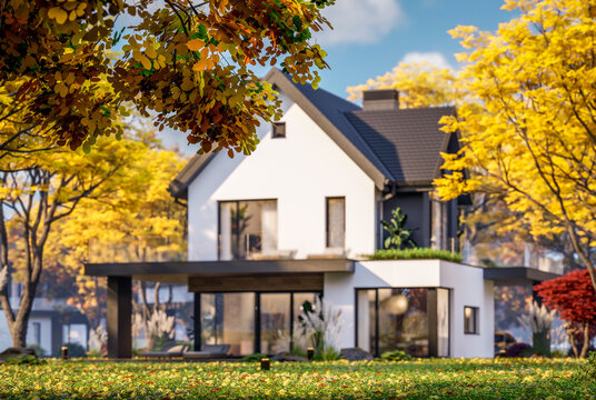 3d rendering of contemporary architectural luxury house exterior. Modern Scandinavian style family home with a white plaster walls, beautiful garden. Clear sunny autumn day with golden leaves anywhere