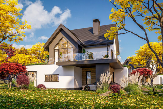 3d rendering of contemporary architectural luxury house exterior. Modern Scandinavian style family home with a white plaster walls, beautiful garden. Clear sunny autumn day with golden leaves anywhere