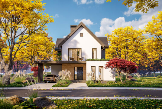 3d rendering of contemporary architectural luxury house exterior. Modern Scandinavian style family home with a white plaster walls, beautiful garden. Clear sunny autumn day with golden leaves anywhere