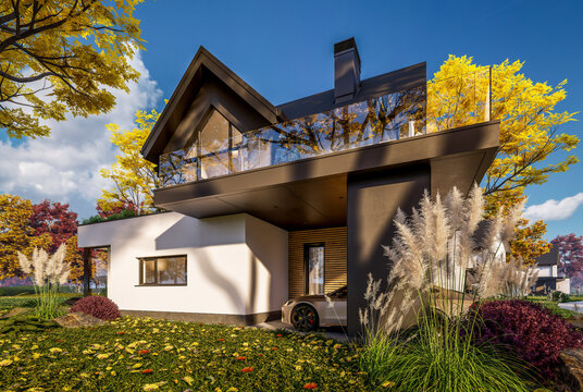 3d rendering of contemporary architectural luxury house exterior. Modern Scandinavian style family home with a white plaster walls, beautiful garden. Clear sunny autumn day with golden leaves anywhere