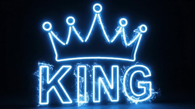 Blue neon sign featuring a crown shape and the word king glowing against a dark background.