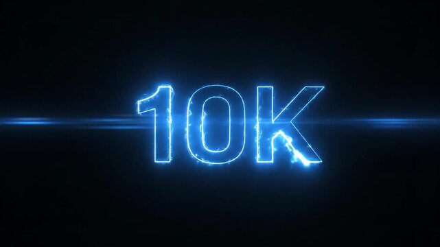 Blue neon glowing 10K milestone text for social media follower celebration and marketing achievement.