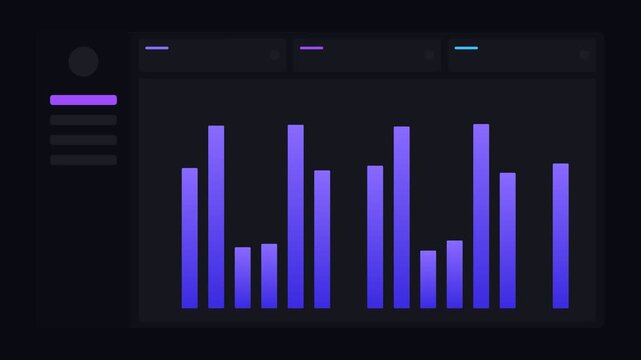 dark mode dashboard with a large gradient bar chart, neon indigo neon