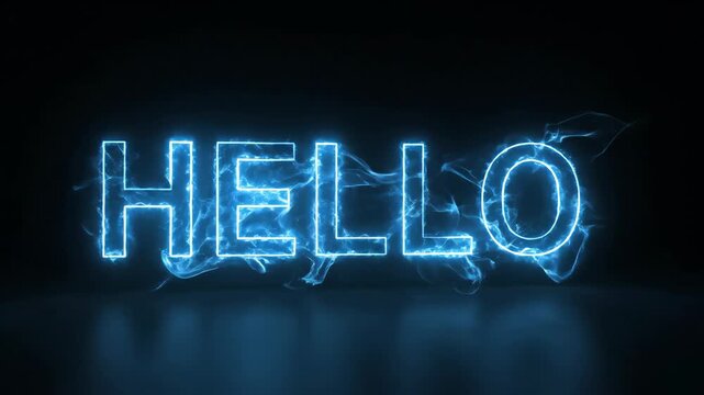 Blue electric neon hello text glowing on a dark background for digital greeting concepts.