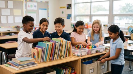 Obraz premium Diverse group of elementary school children happily organizing books and supplies in a bright classroom setting