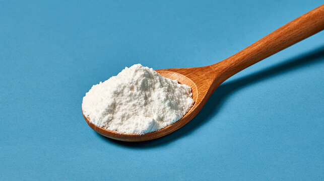 Baking soda powder in a wooden spoon on a blue background. Cooking ingredient concept for culinary recipes and food.