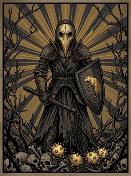 Vintage plague doctor illustration, medieval knight in dark armor with bird mask, gothic warrior holding shield and flail
