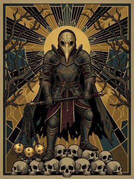 Gothic plague doctor knight in full armor, dark fantasy warrior with flail and skulls, vintage art deco occult illustration