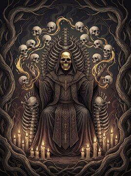 Gothic skeletal grim reaper on bone throne, dark fantasy necromancer with floating skulls, occult death king ritual